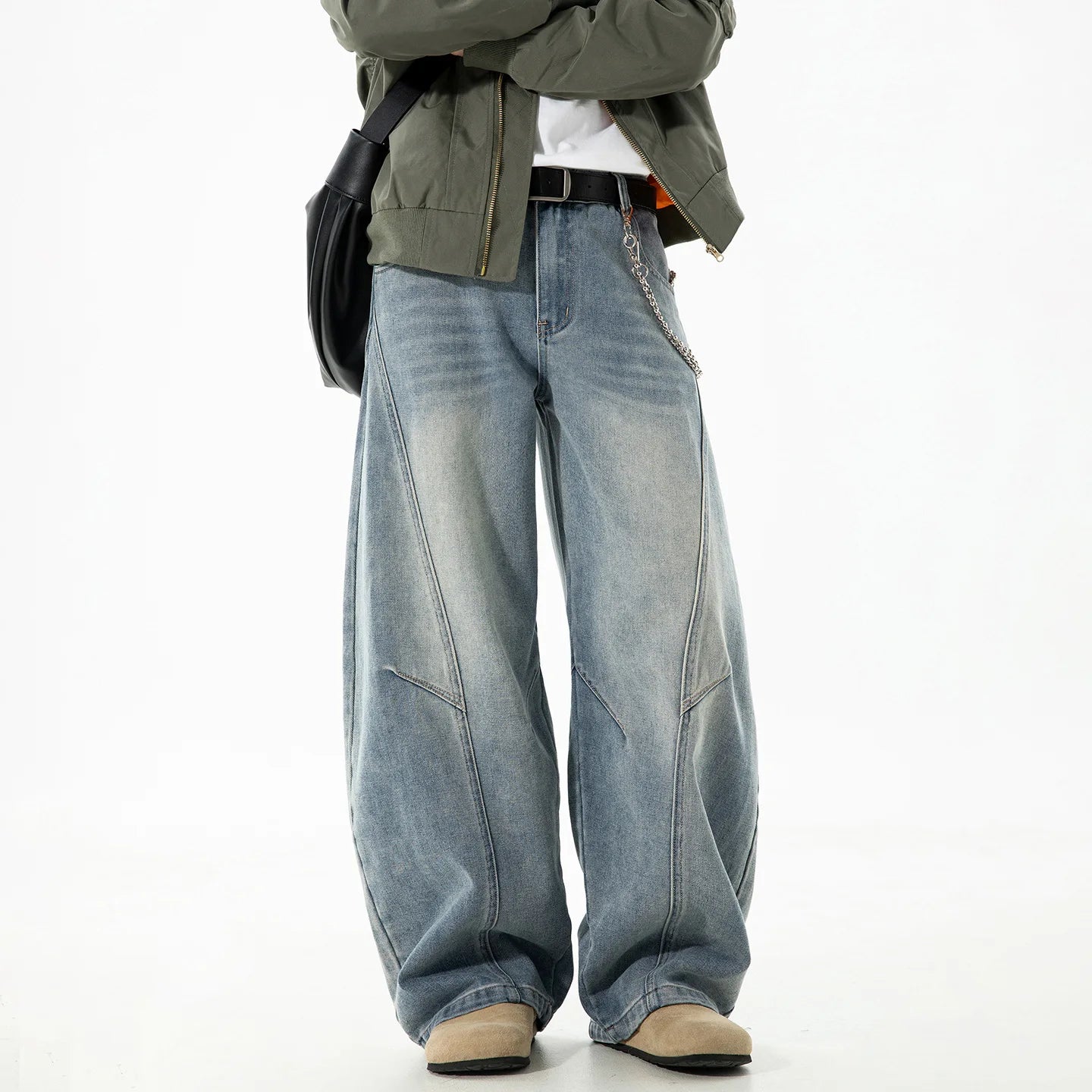 VOIDWEAR VDR_VANISH_SPLIT ☰ curved split distressed jeans, light wash, loose streetwear silhouette, coded glyph tab