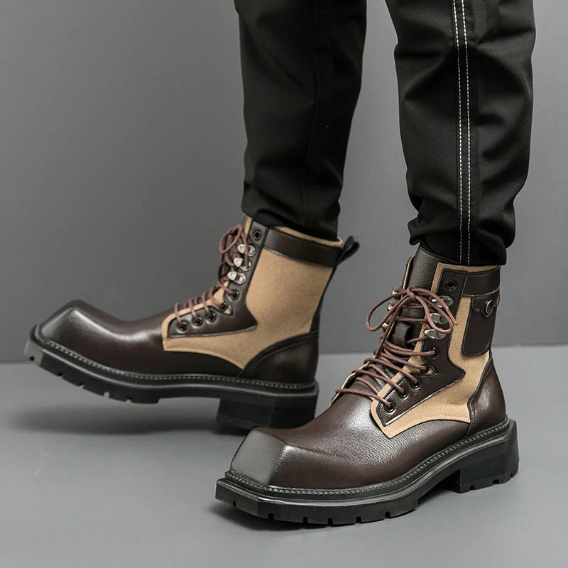 VDR_VANISH_05 punk motorcycle mid-calf boots in brown-black PU leather, styled for U.S. and EU urban streetwear. Brown and beige leather boots worn with black pants on a gray background