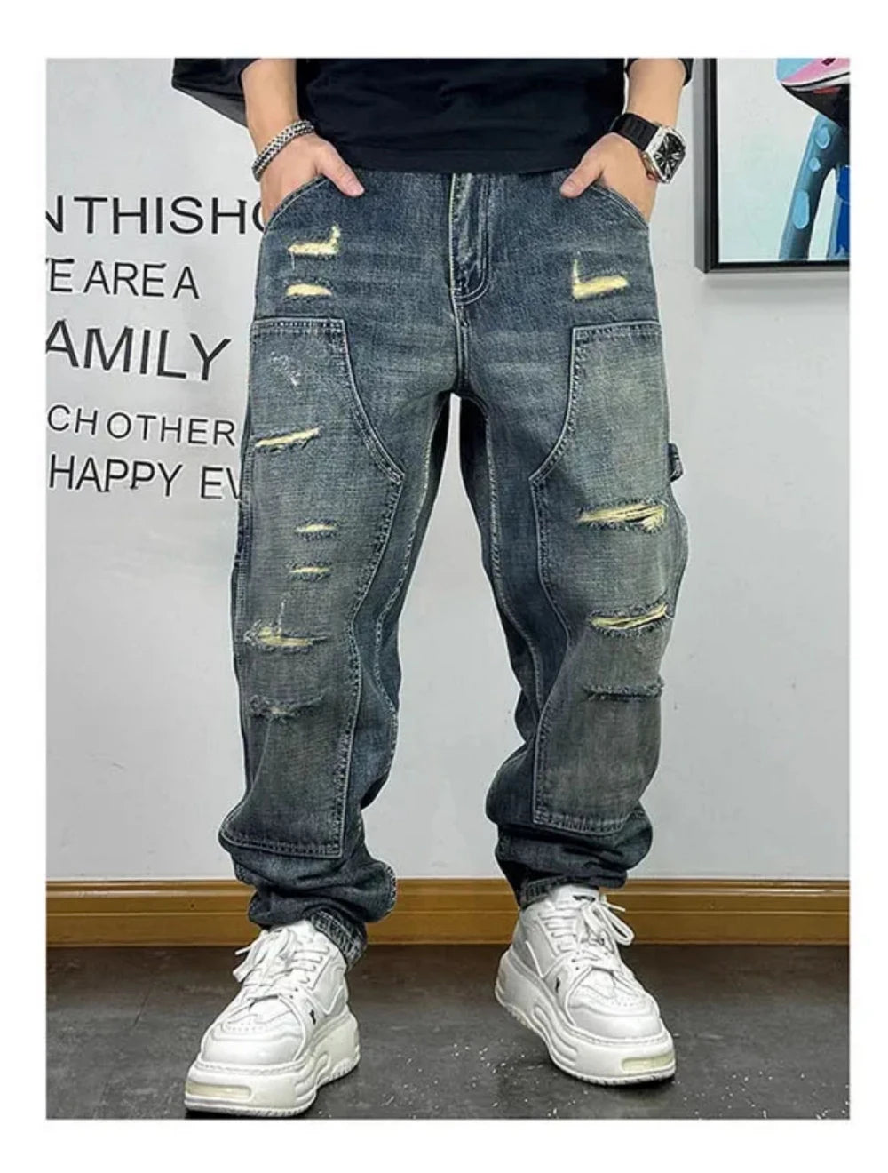 VOIDWEAR VDR_VANISH_05 ☰ ripped patch cargo jeans, distressed midweight denim, loose streetwear silhouette, glyph embroidery