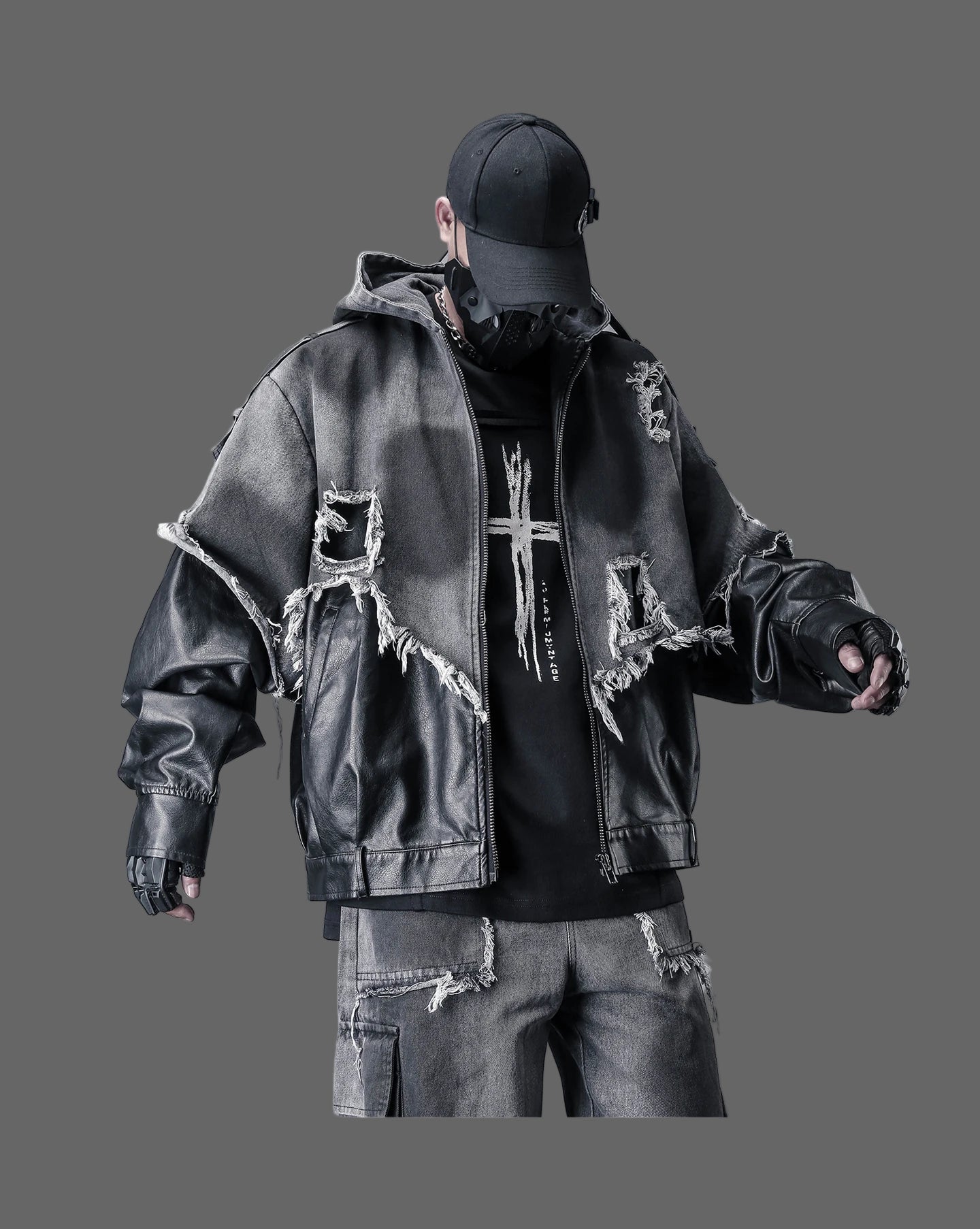 VOIDWEAR VDR_VANISH_05 jacket — ritual-inspired denim and PU leather techwear with vanish-mode hood and shadow-motion design