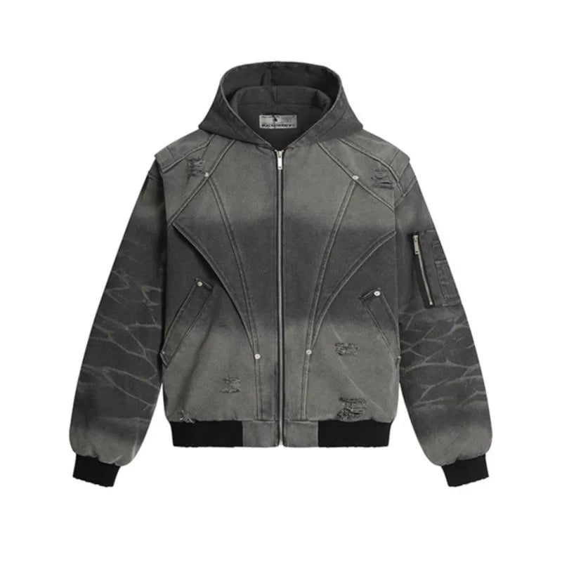 VOIDWEAR VDR_SIGNAL_07 ritual-coded autumn men’s jacket with washed worn-out finish, deconstruction holes, and sleeve glyph