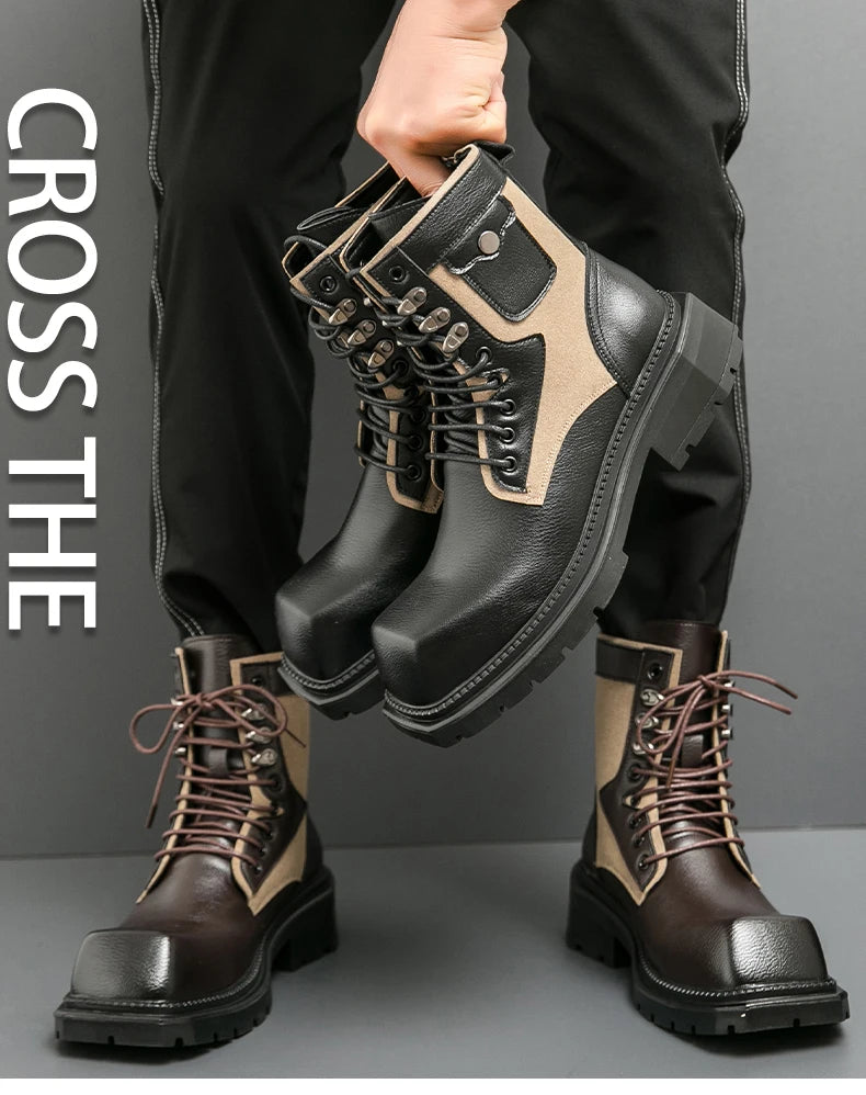 VDR_VANISH_05 punk motorcycle mid-calf boots in brown-black PU leather, styled for U.S. and EU urban streetwear