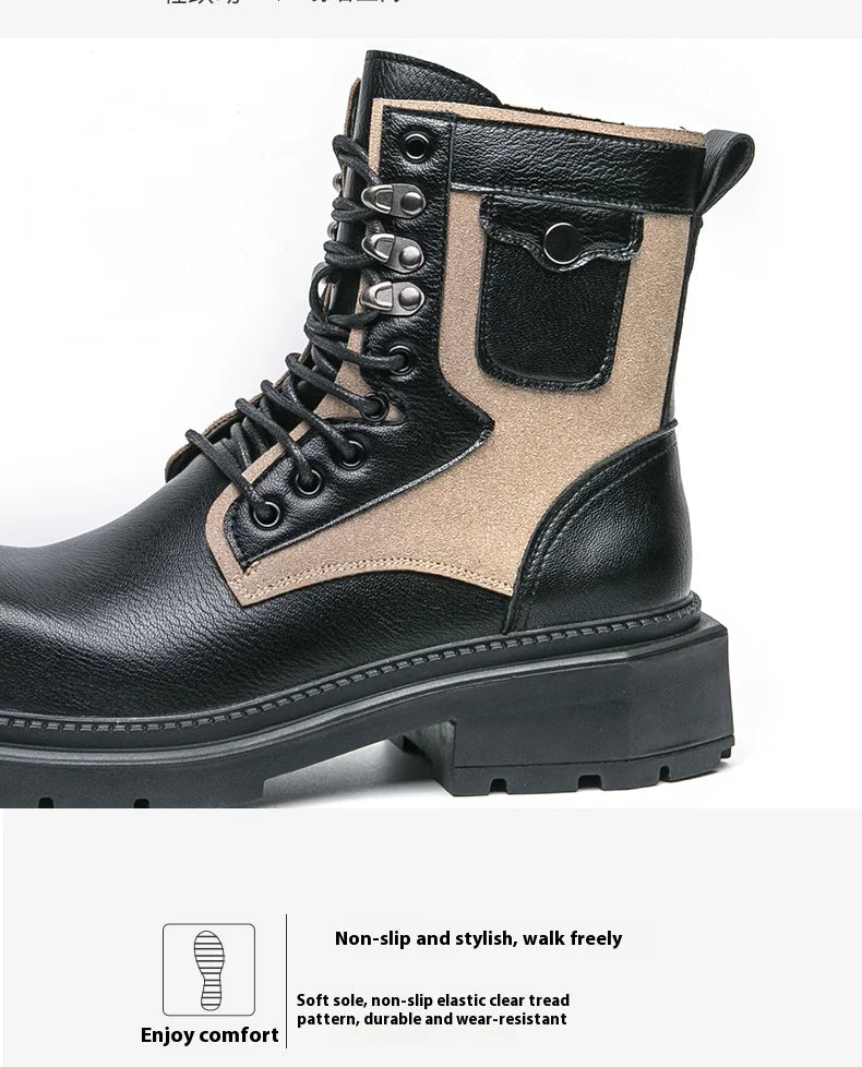 VDR_VANISH_05 punk motorcycle mid-calf boots in brown-black PU leather, styled for U.S. and EU urban streetwear