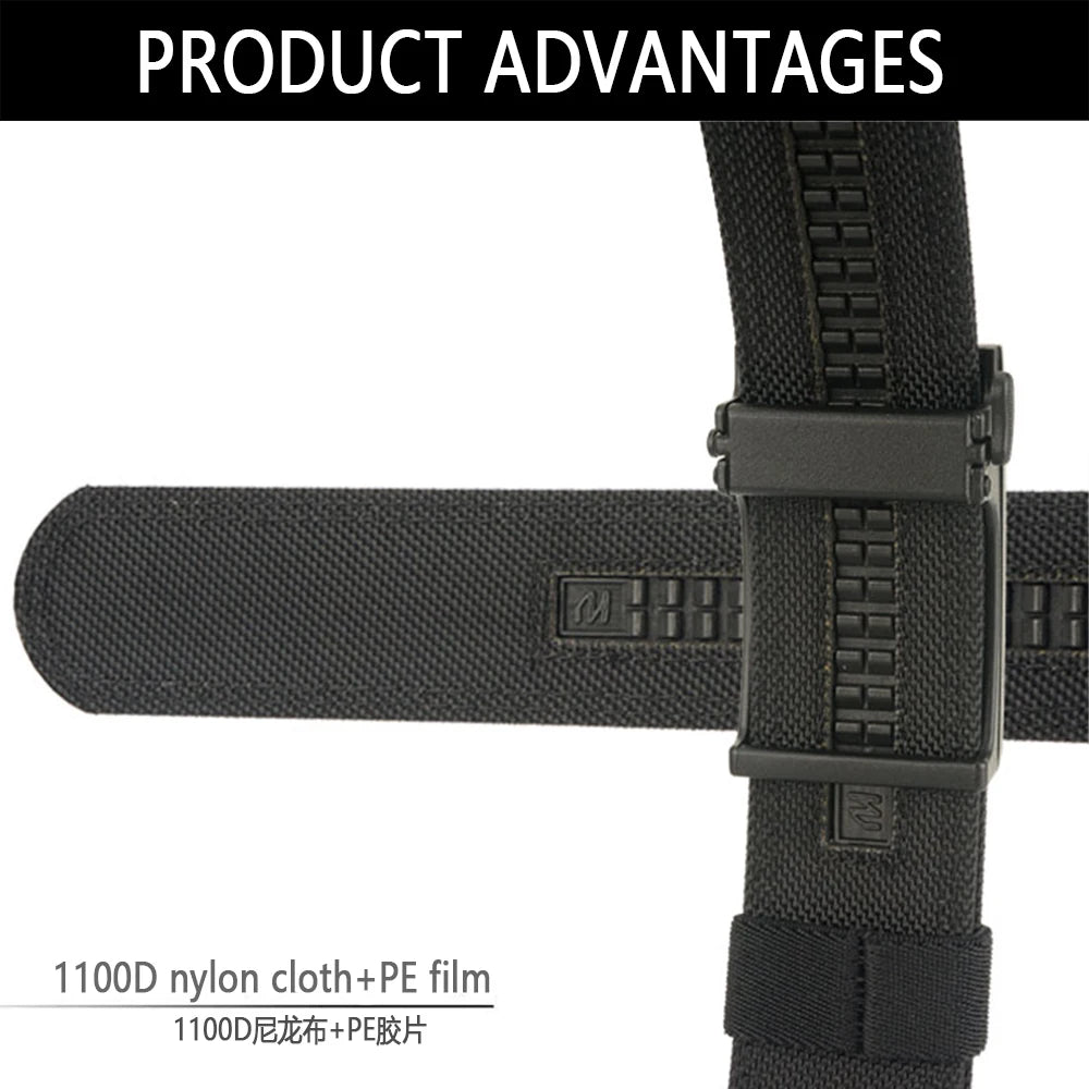 Black strap with a buckle and text indicating material composition on a white background