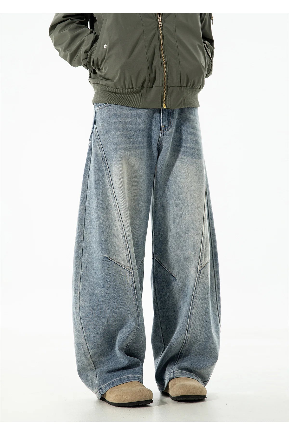 VOIDWEAR VDR_VANISH_SPLIT ☰ curved split distressed jeans, light wash, loose streetwear silhouette, coded glyph tab