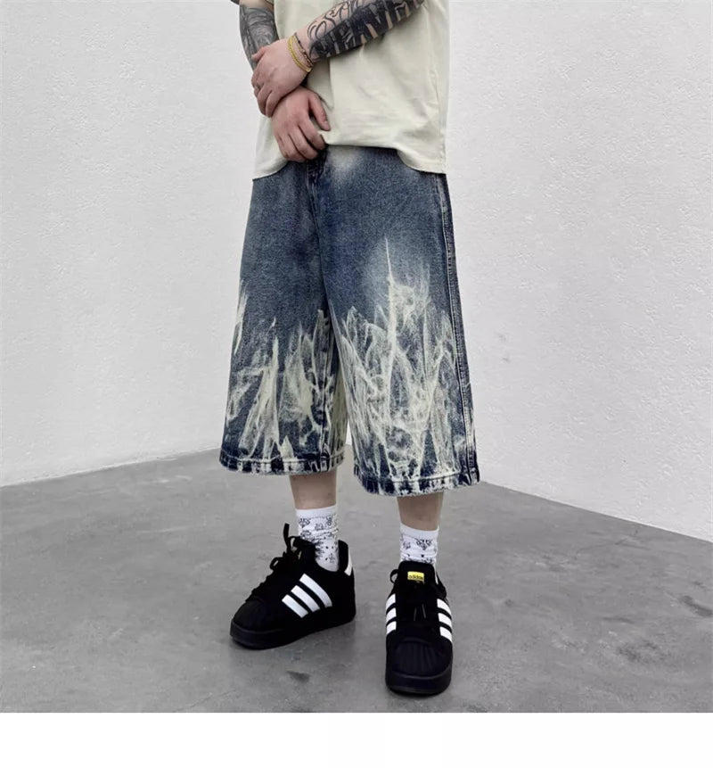 VOIDWEAR VDR_VANISH_08 Flare flame graphic baggy denim shorts, washed Y2K streetwear style, patch pockets, signal glyph