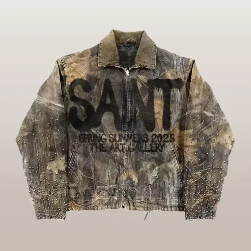 Casual oversized hip hop denim coat with zipper closure, lightweight cotton-polyester blend, designed for VOIDWEAR street culture