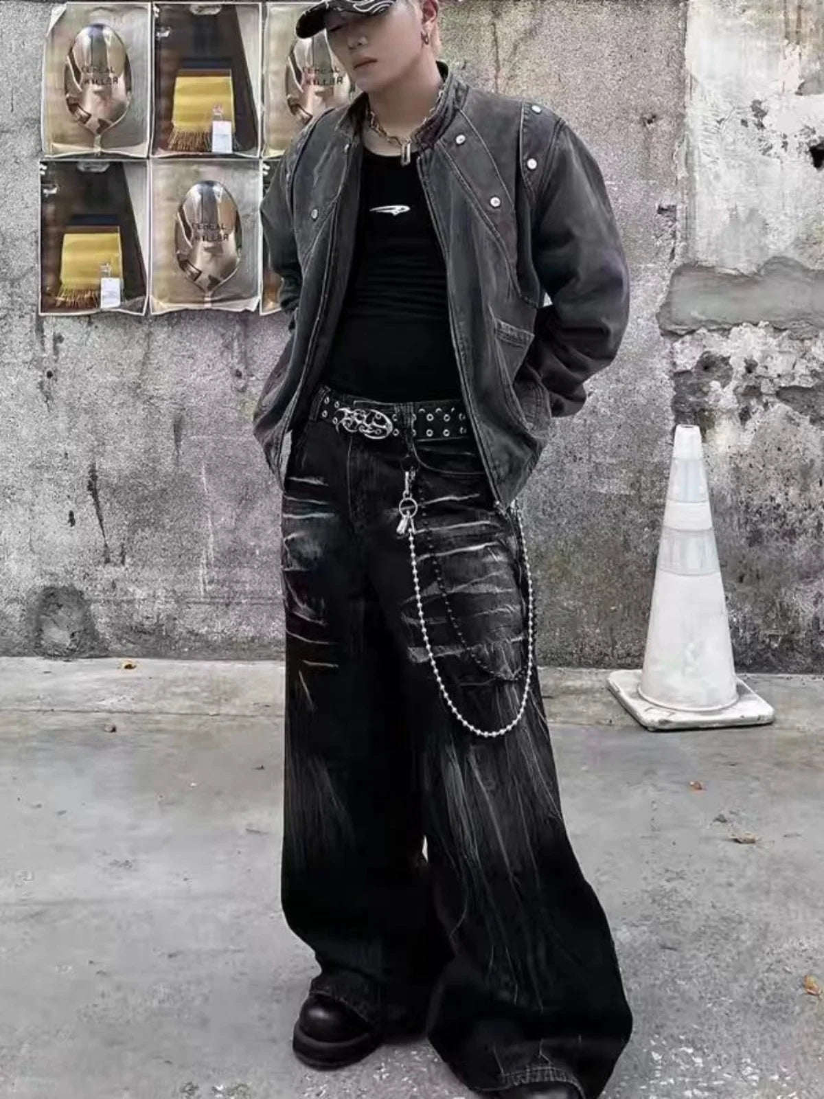 VOIDWEAR SIGNAL_STORM_11 ☰ black lightning jeans shown in Los Angeles alleyway — washed denim texture and storm pattern visible under sunlight.