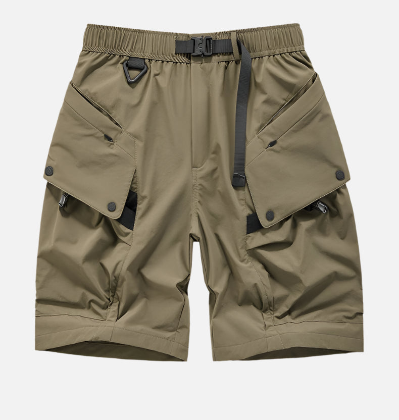 Minimalist high-street tech-cargo shorts with embedded signal glyph, vanish-mode stitching, and quick-dry nylon-spandex fit for men
