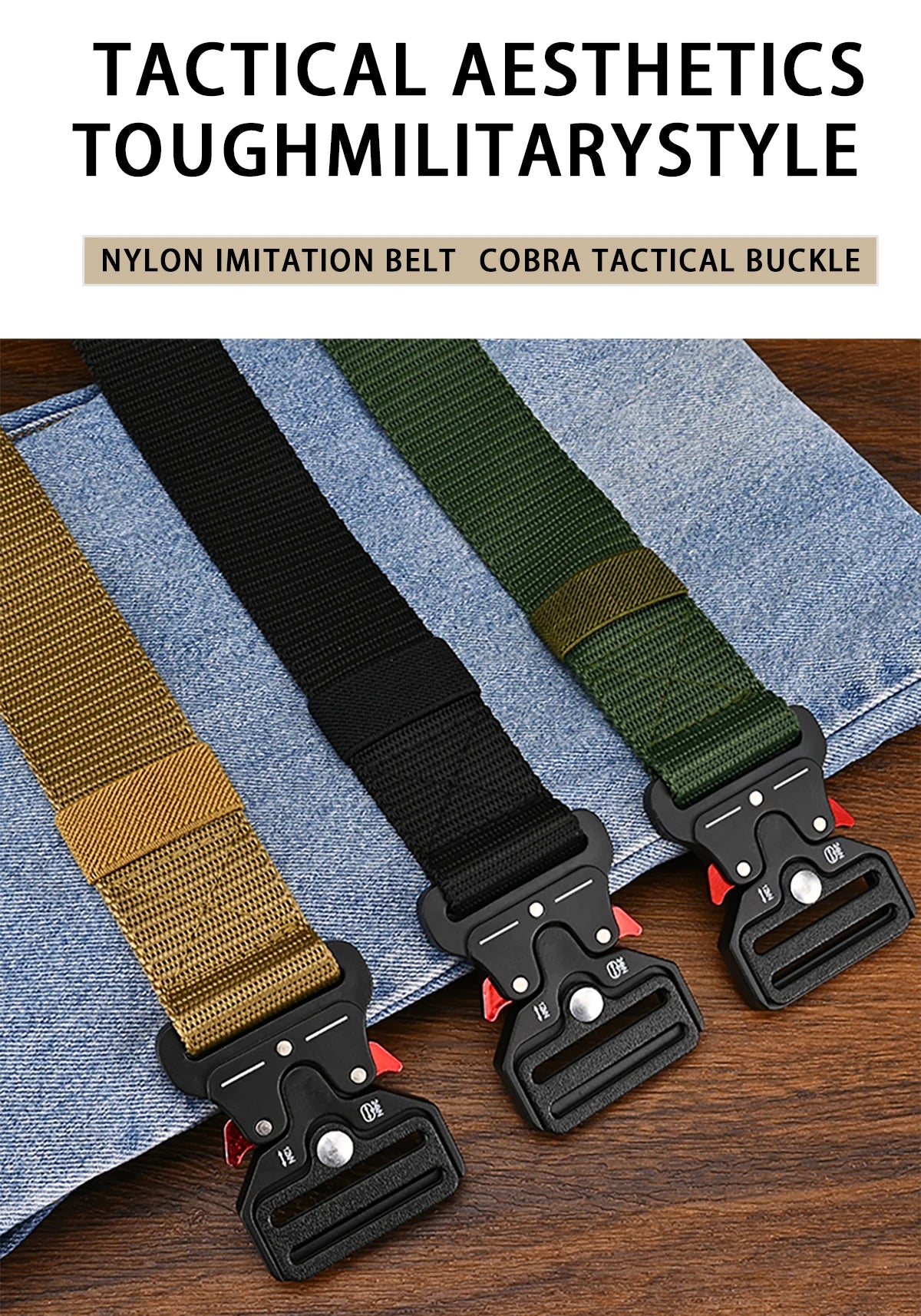 Three tactical belts with different color options on a wooden surface.