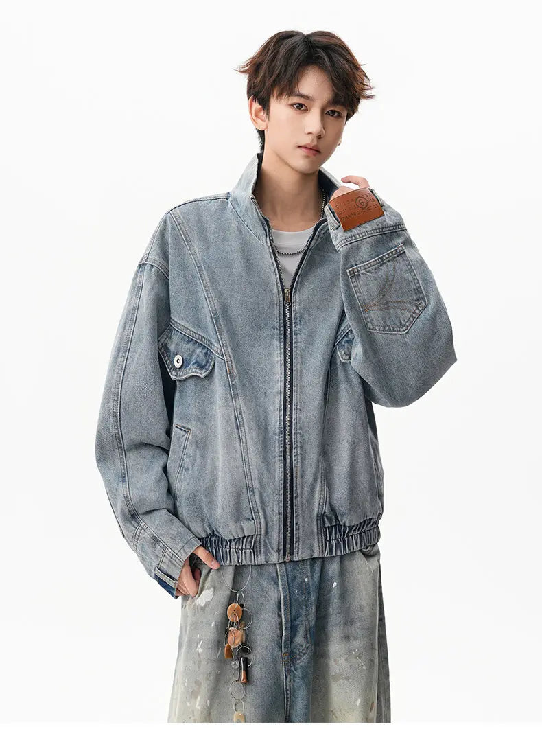 VOIDWEAR VDR_SIGNAL_07 denim jacket washed vintage deconstructed stand collar, men’s autumn winter streetwear USA EU