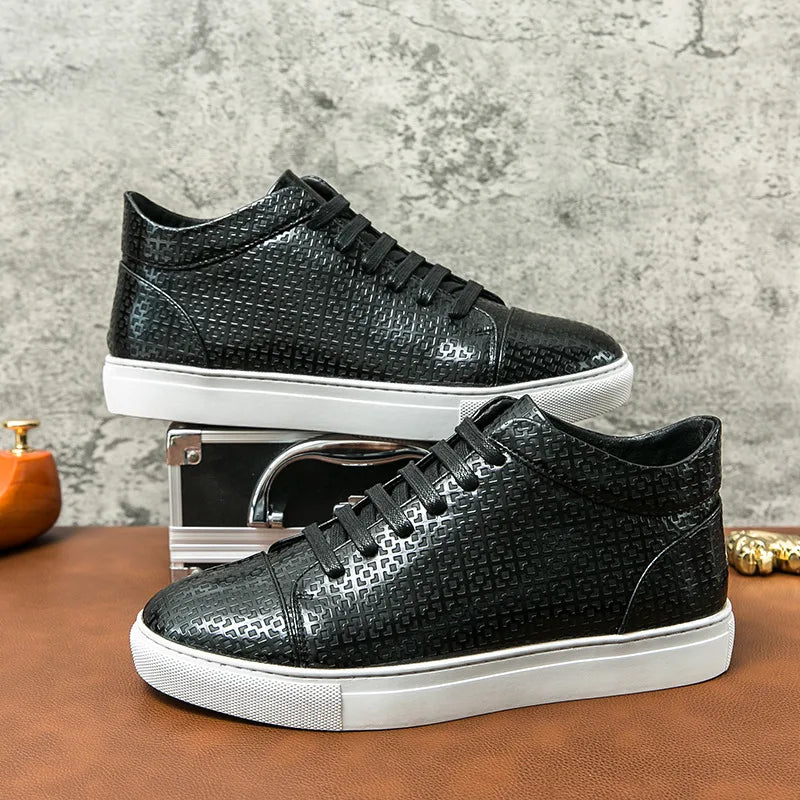 VOIDWEAR SYSTEM_MOTION_07 ⏚ high-top sneakers, crafted from breathable PU leather with a subtle print, shown on a man in a modern streetwear outfit.