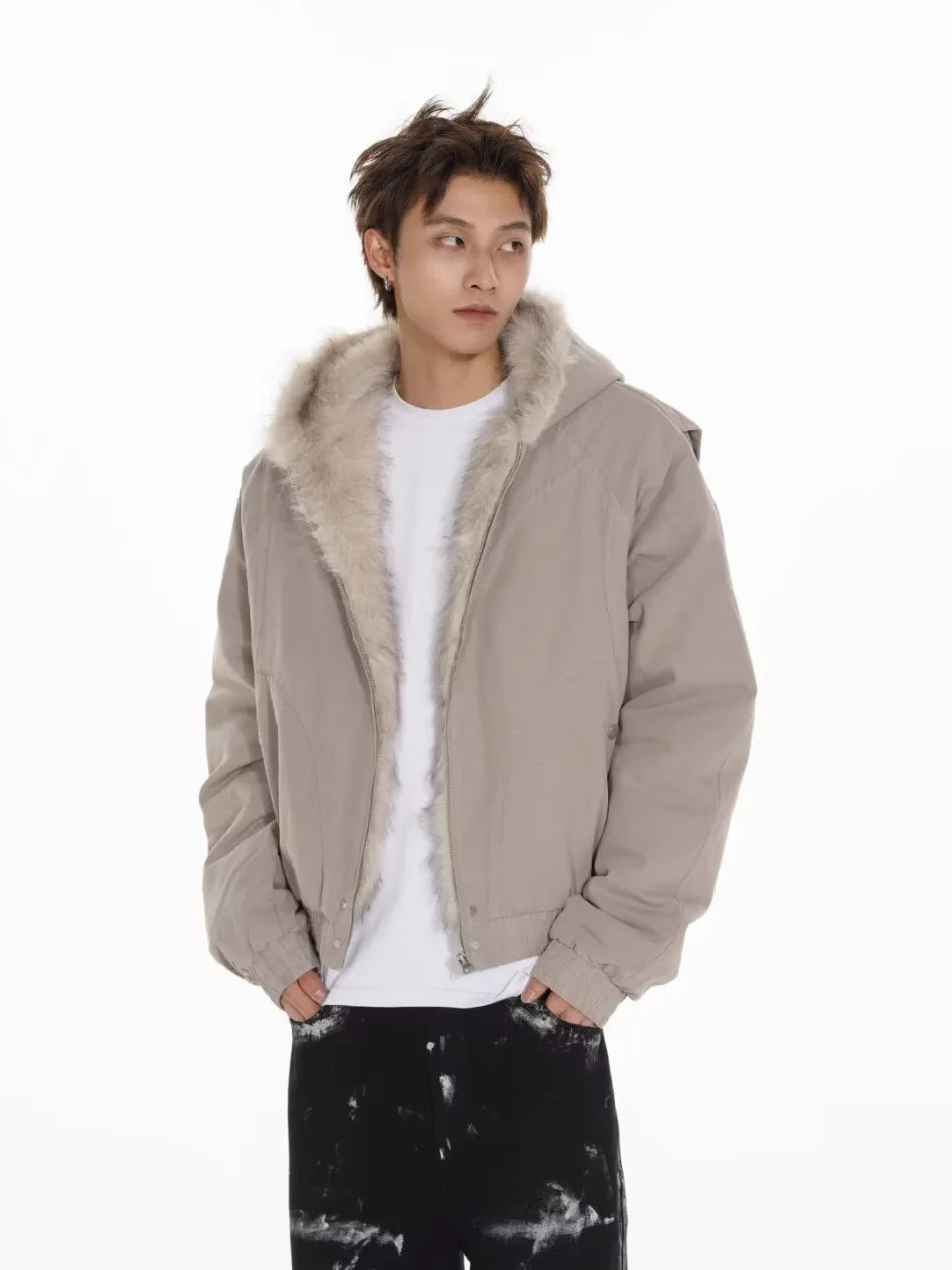 VOIDWEAR™ VDR_25 — a unisex oversized plush hooded jacket Person wearing a beige jacket with fur lining on a white background