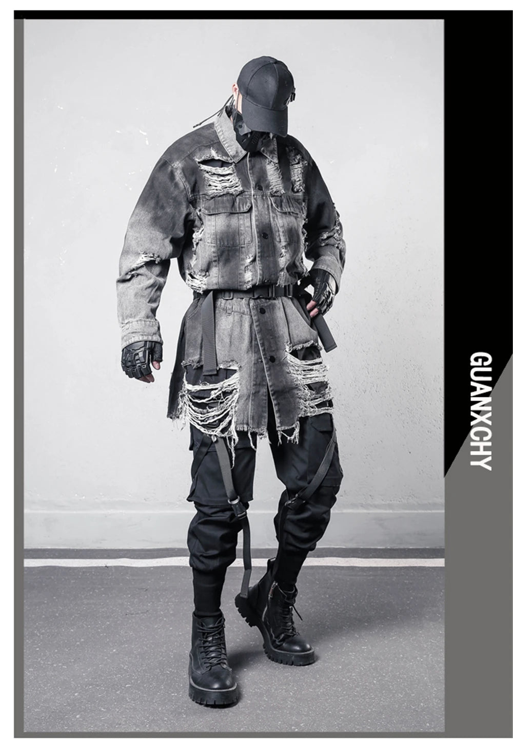 VOIDWEAR VDR_SIGNAL_07 Ritual Jacket — distressed long denim coat with ripped holes, glyph detailing, and loose high-street fit.