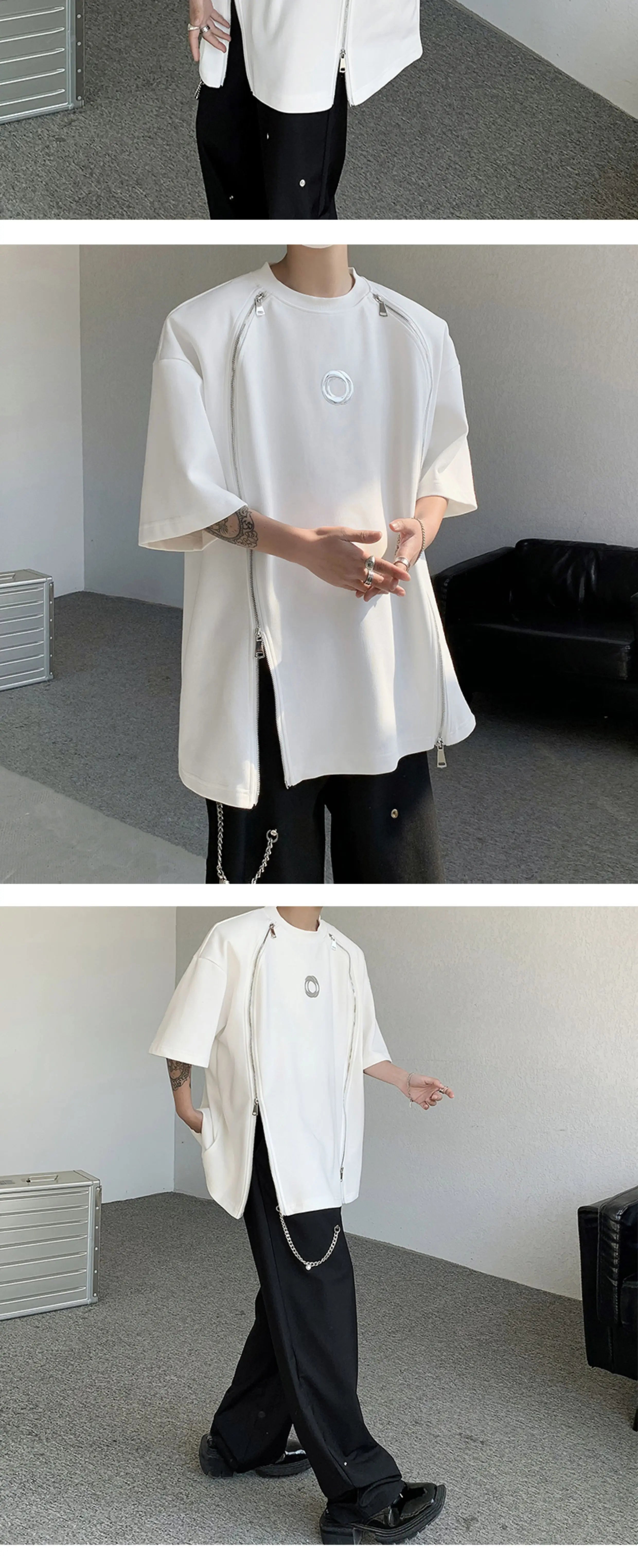 VOIDWEAR SIGNAL_07 padded shoulder oversized tee, double zipper streetwear, ritual-coded glyph sleeve