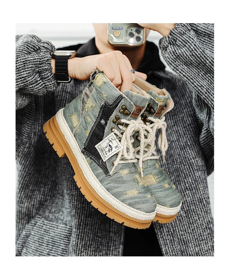VOIDWEAR SIGNAL_VANISH_07 ☰ men’s black denim and leather ankle boots with lace-up closure, ankle strap, and ritual-inspired streetwear design