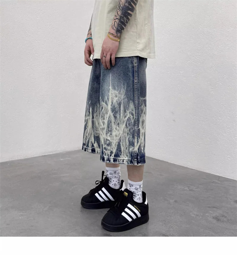 VOIDWEAR VDR_VANISH_08 Flare flame graphic baggy denim shorts, washed Y2K streetwear style, patch pockets, signal glyph