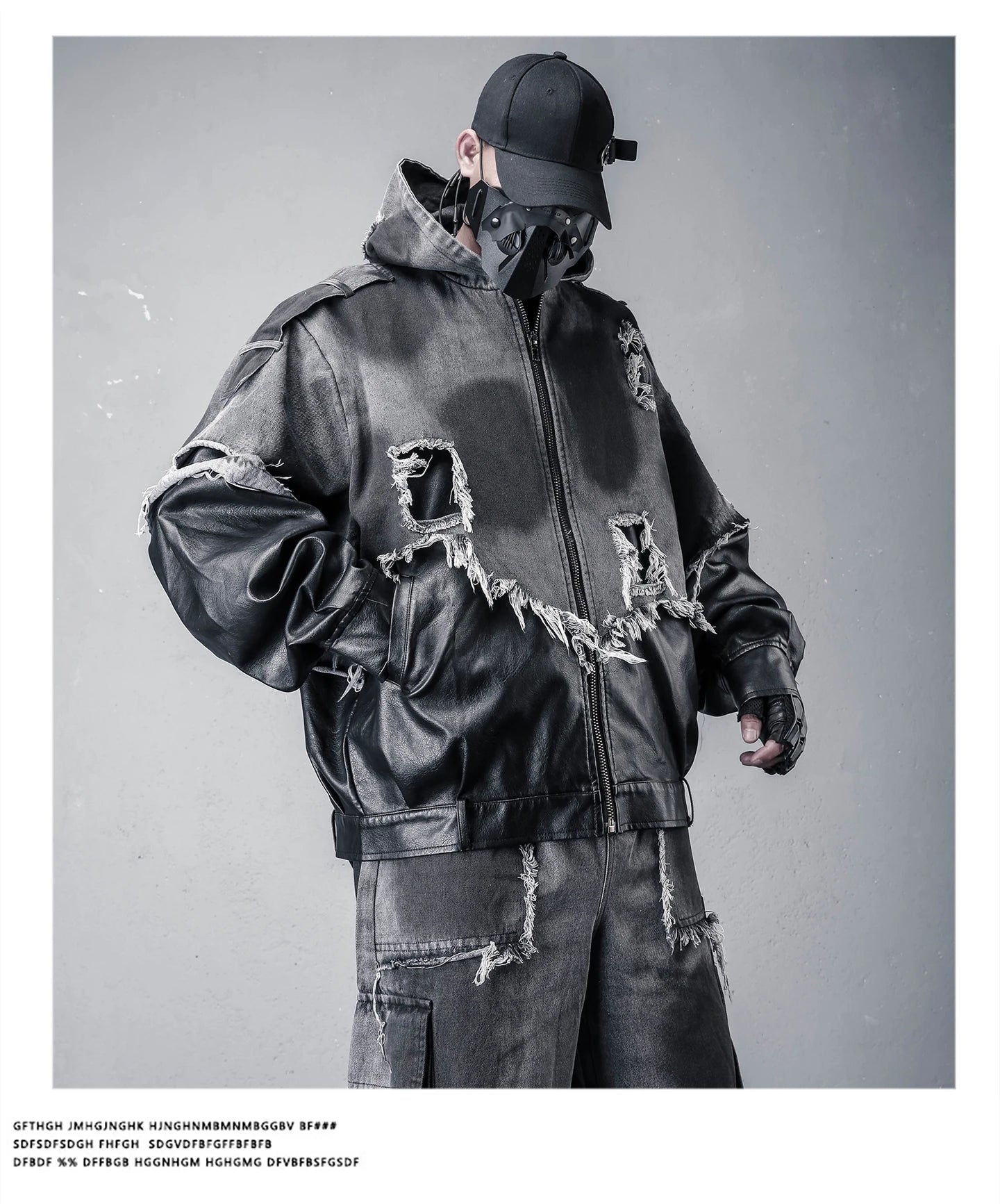 VOIDWEAR VDR_VANISH_05 jacket — ritual-inspired denim and PU leather techwear with vanish-mode hood and shadow-motion design
