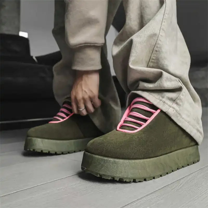 VOIDWEAR ELEGANCE_SIGNAL_07 ◉ luxury hybrid sneakers shown on concrete rooftop at dusk — air mesh detail and platform sole visible