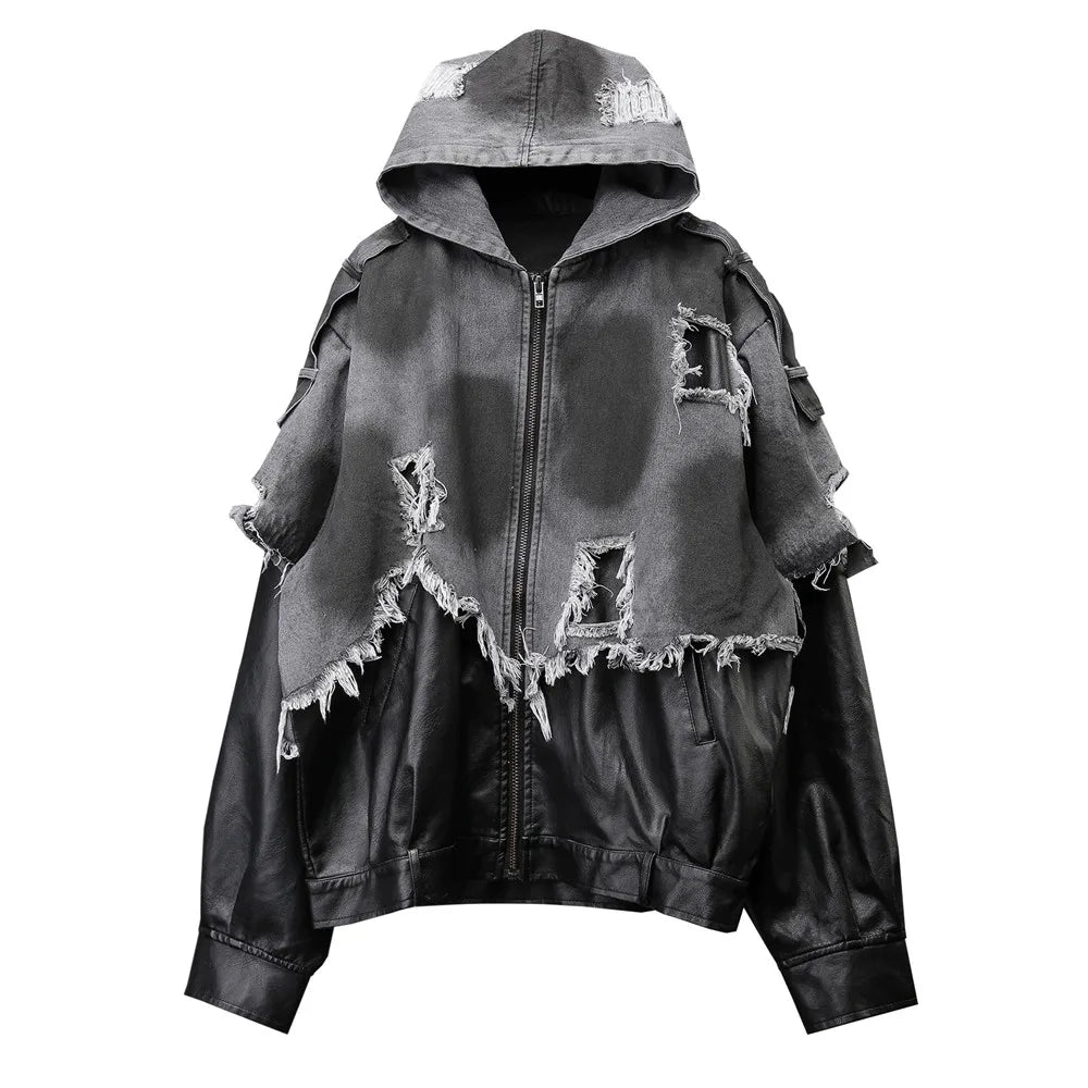 VOIDWEAR VDR_VANISH_05 jacket — ritual-inspired denim and PU leather techwear with vanish-mode hood and shadow-motion design