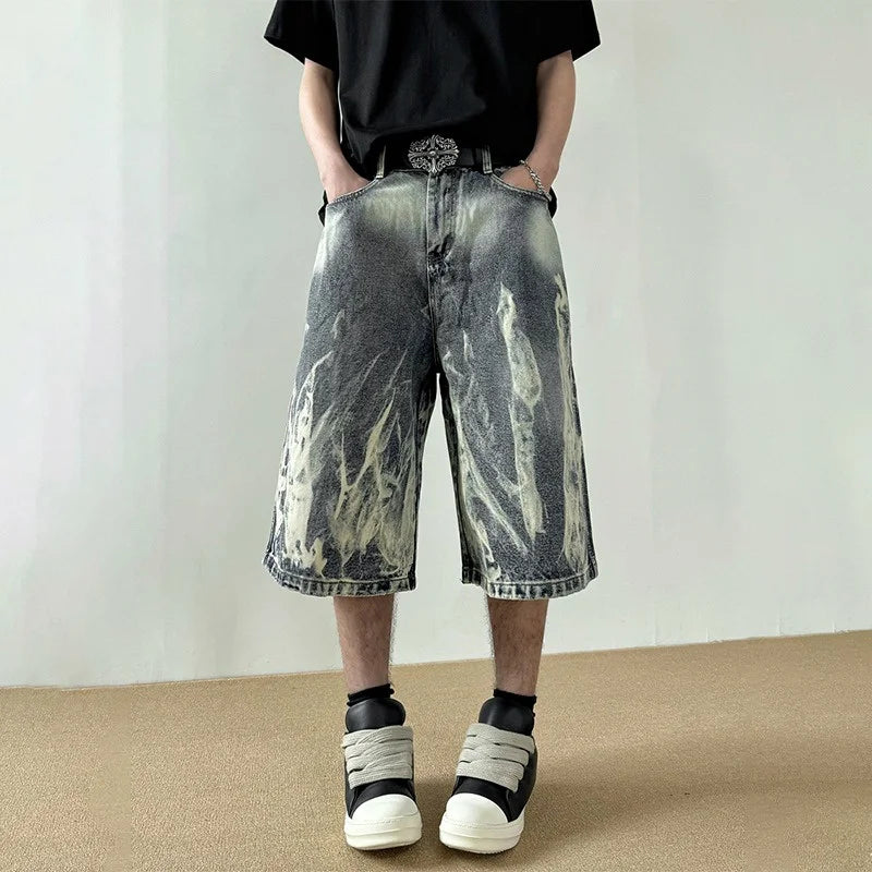 VOIDWEAR VDR_VANISH_08 Flare flame graphic baggy denim shorts, washed Y2K streetwear style, patch pockets, signal glyph