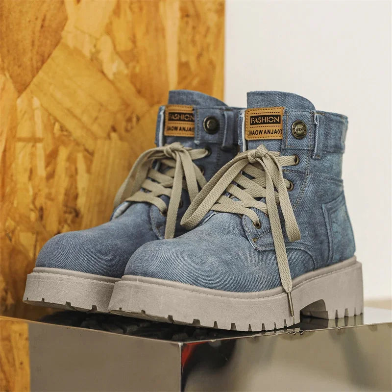 VOIDWEAR SIGNAL_VANISH_12 ☰ handmade men’s denim ankle boots with lace-up closure, pigskin insole, and shadow-coded streetwear design