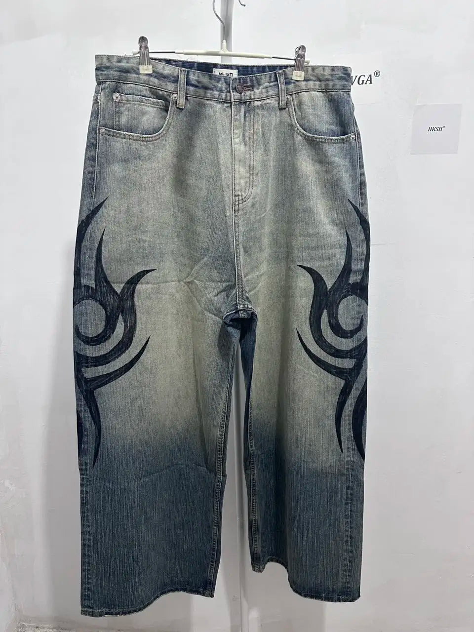 VOIDWEAR CODE_DISTRESS_09 ☰ distressed denim jeans with digital print texture, photographed on Hong Kong night street with neon reflection