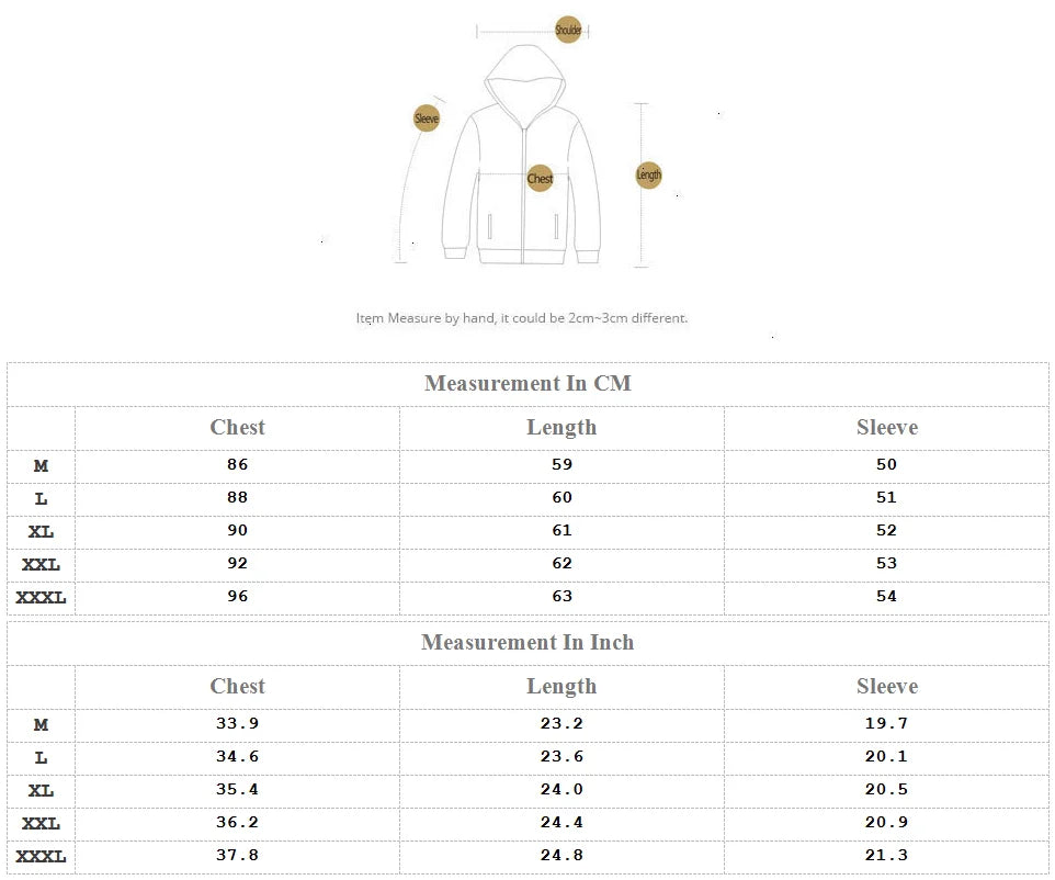 Measurement chart for a hoodie with dimensions in centimeters and inches.