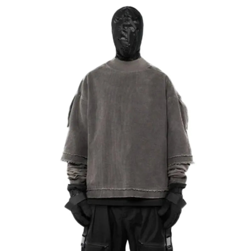 VOIDWEAR SIGNAL_FADE_09 ☰ distressed dual-layer illusion tee worn in Berlin alleyway — washed cotton texture visible under daylight