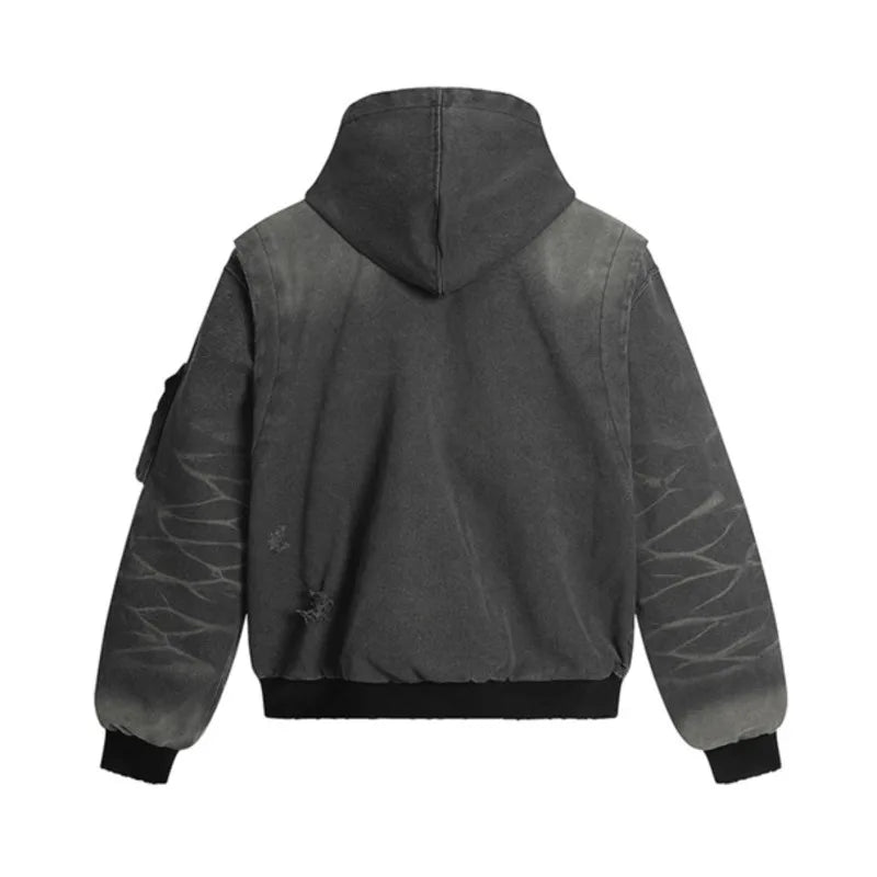 VOIDWEAR VDR_SIGNAL_07 ritual-coded autumn men’s jacket with washed worn-out finish, deconstruction holes, and sleeve glyph