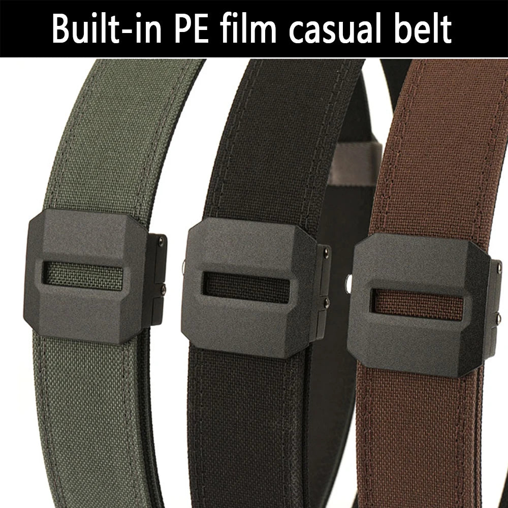 Three belts in green, black, and brown with a built-in PE film buckle on a white background.Sleek tactical nylon belt with signal glyph buckle and vanish-mode gradient for minimalist utility