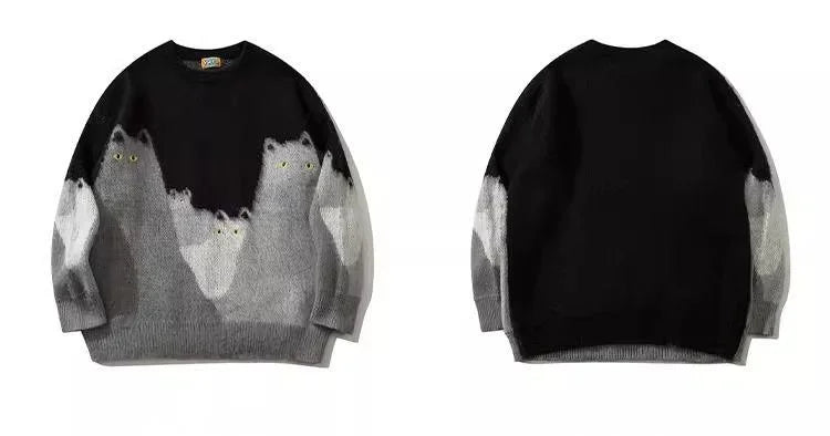 VOIDWEAR SHADOW_CAT_09 oversized knit sweater with cartoon cat graphic and glyph sleeve, streetwear pullover