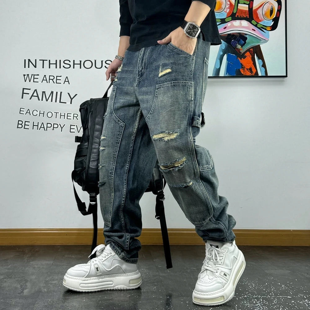 VOIDWEAR VDR_VANISH_05 ☰ ripped patch cargo jeans, distressed midweight denim, loose streetwear silhouette, glyph embroidery