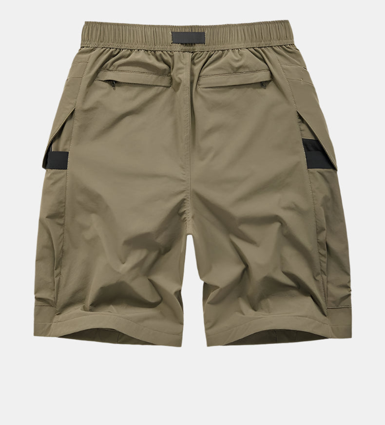 Minimalist high-street tech-cargo shorts with embedded signal glyph, vanish-mode stitching, and quick-dry nylon-spandex fit for men
