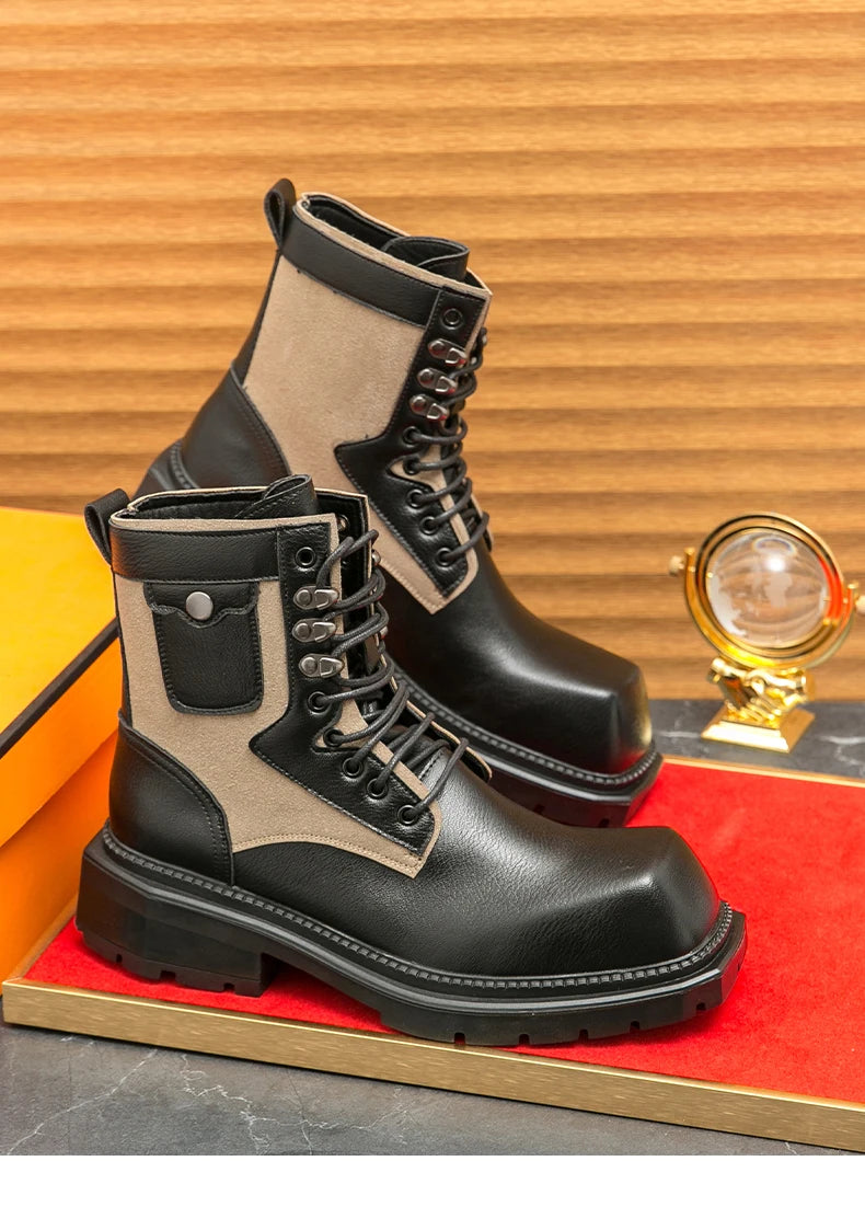VDR_VANISH_05 punk motorcycle mid-calf boots in brown-black PU leather, styled for U.S. and EU urban streetwear