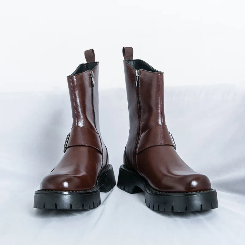 VDR_LEISURE_1035 ∆ men’s handcrafted split leather casual ankle boots, breathable mesh, spring/autumn urban wear, U.S. + EU SEO optimized. Pair of brown leather boots with chunky black soles on a white background