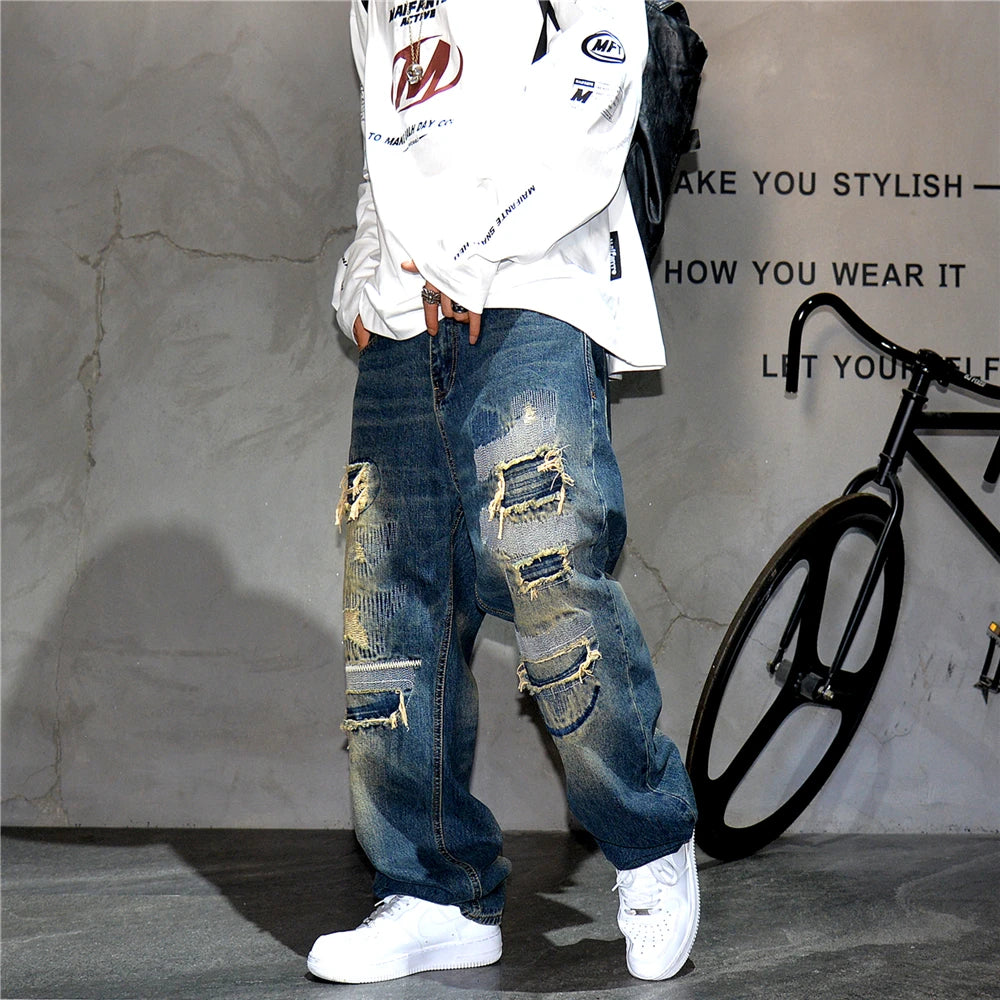 VOIDWEAR VDR_VANISH_05 ☰ baggy ripped patch jeans with distress wash, hip hop fit, ritual-coded glyph embroidery
