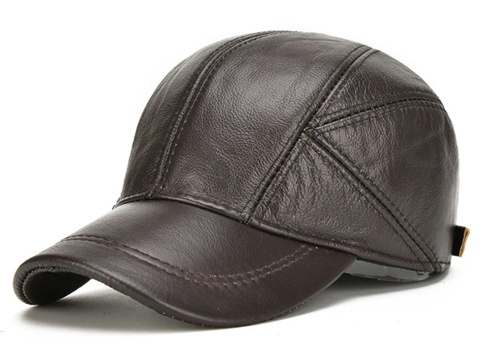 VOIDWEAR SIGNAL_VANISH_07 real cowhide leather earflap cap with adjustable visor, designed as ritual-inspired streetwear for urban shadow gear. Brown leather cap on a white background