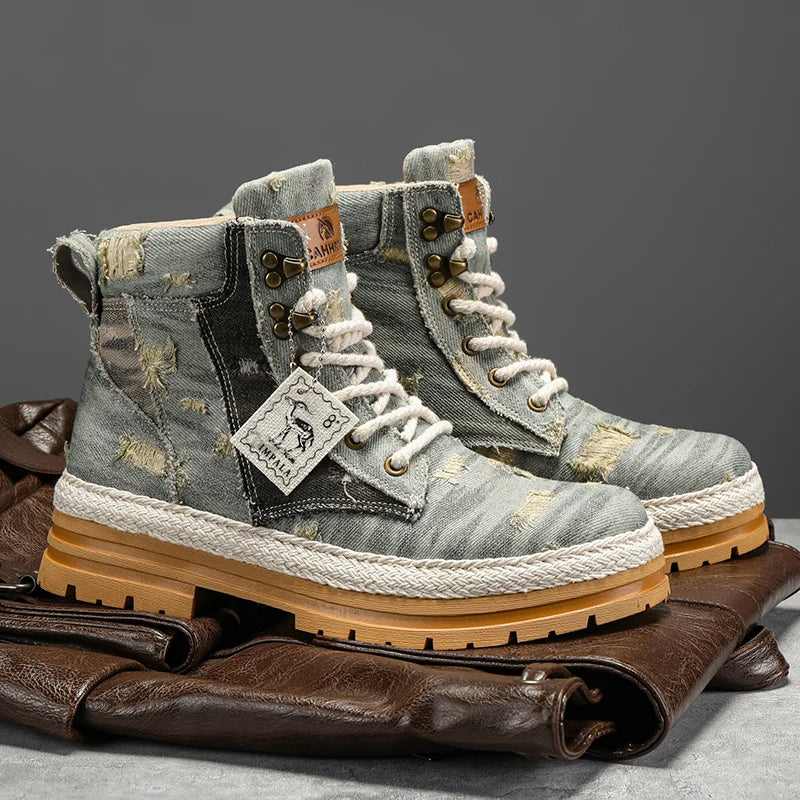 VOIDWEAR SIGNAL_VANISH_07 ☰ men’s black denim and leather ankle boots with lace-up closure, ankle strap, and ritual-inspired streetwear design