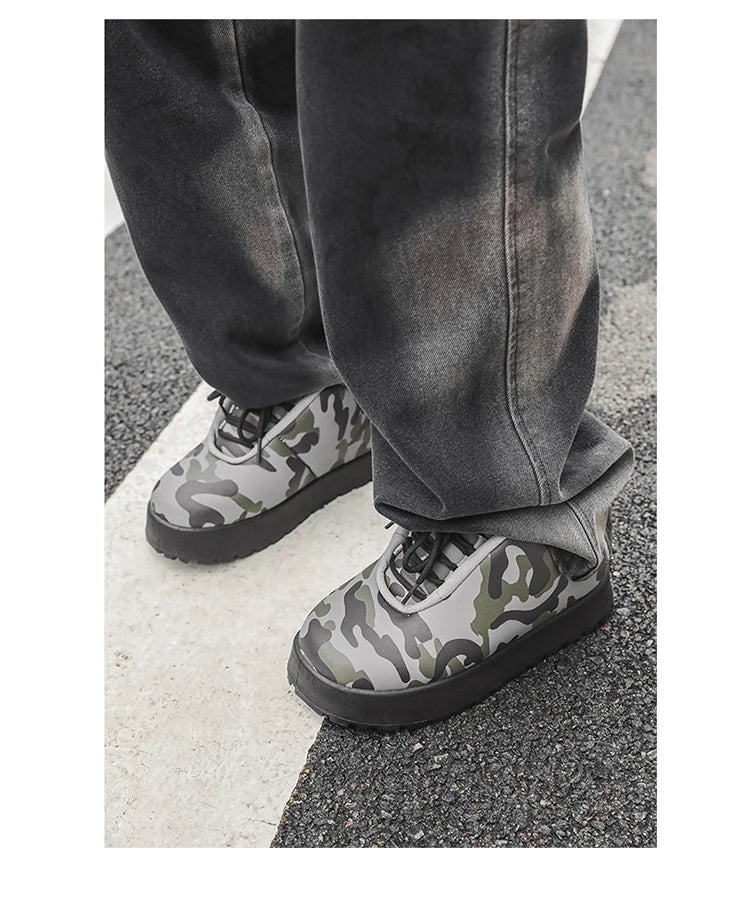 VOIDWEAR CODE_SYSTEM_07 ⚔️ chunky sneaker-style boots shown on a city street in winter, highlighting the microfiber leather upper and thick platform sole.
