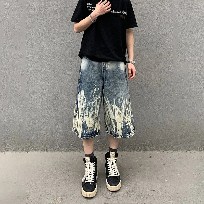 VOIDWEAR VDR_VANISH_08 Flare flame graphic baggy denim shorts, washed Y2K streetwear style, patch pockets, signal glyph