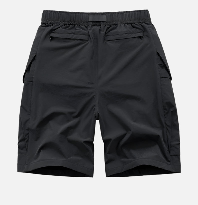 Minimalist high-street tech-cargo shorts with embedded signal glyph, vanish-mode stitching, and quick-dry nylon-spandex fit for men