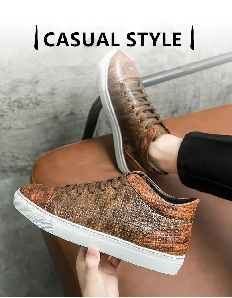 Brown patterned sneakers with white soles on a neutral background, labeled 'Casual Style'.VOIDWEAR SYSTEM_MOTION_07 ⏚ high-top sneakers, crafted from breathable PU leather with a subtle print, shown on a man in a modern streetwear outfit.