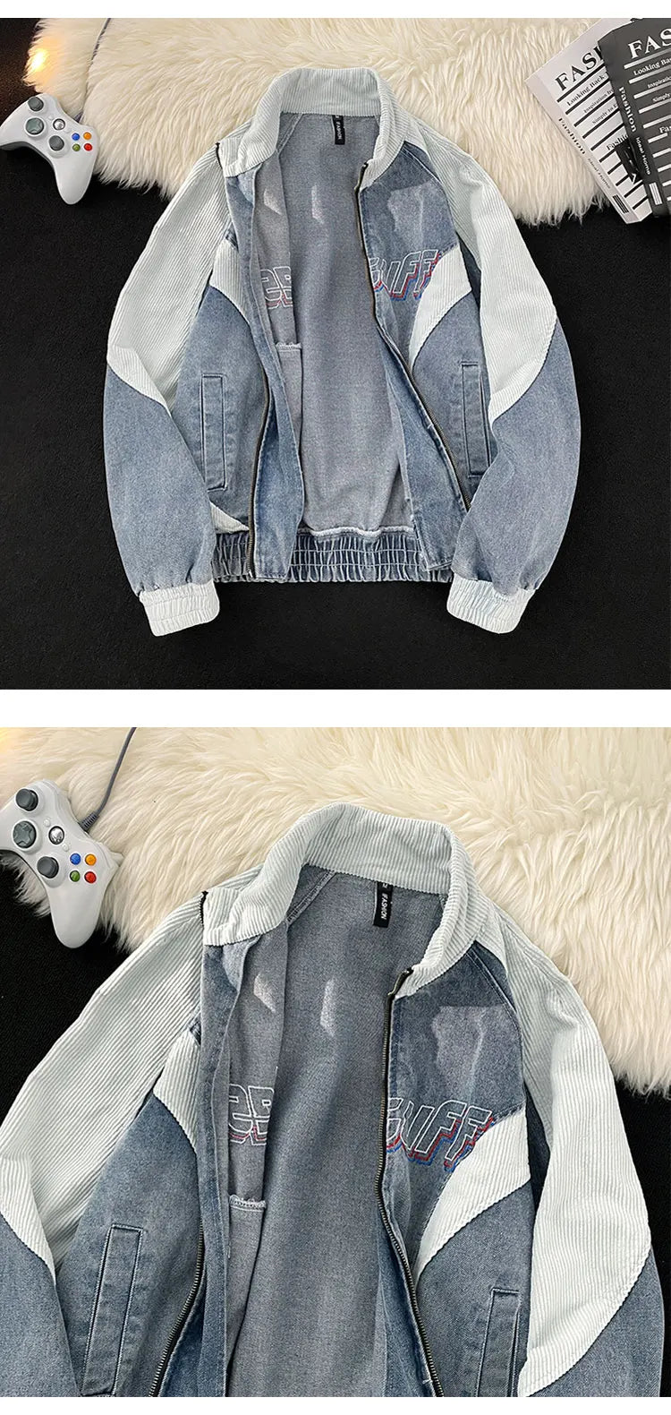 VOIDWEAR VDR_VANISH_PATCH ⚑ patchwork denim bomber jacket with glyph embroidery, worn-out texture, streetwear outerwear