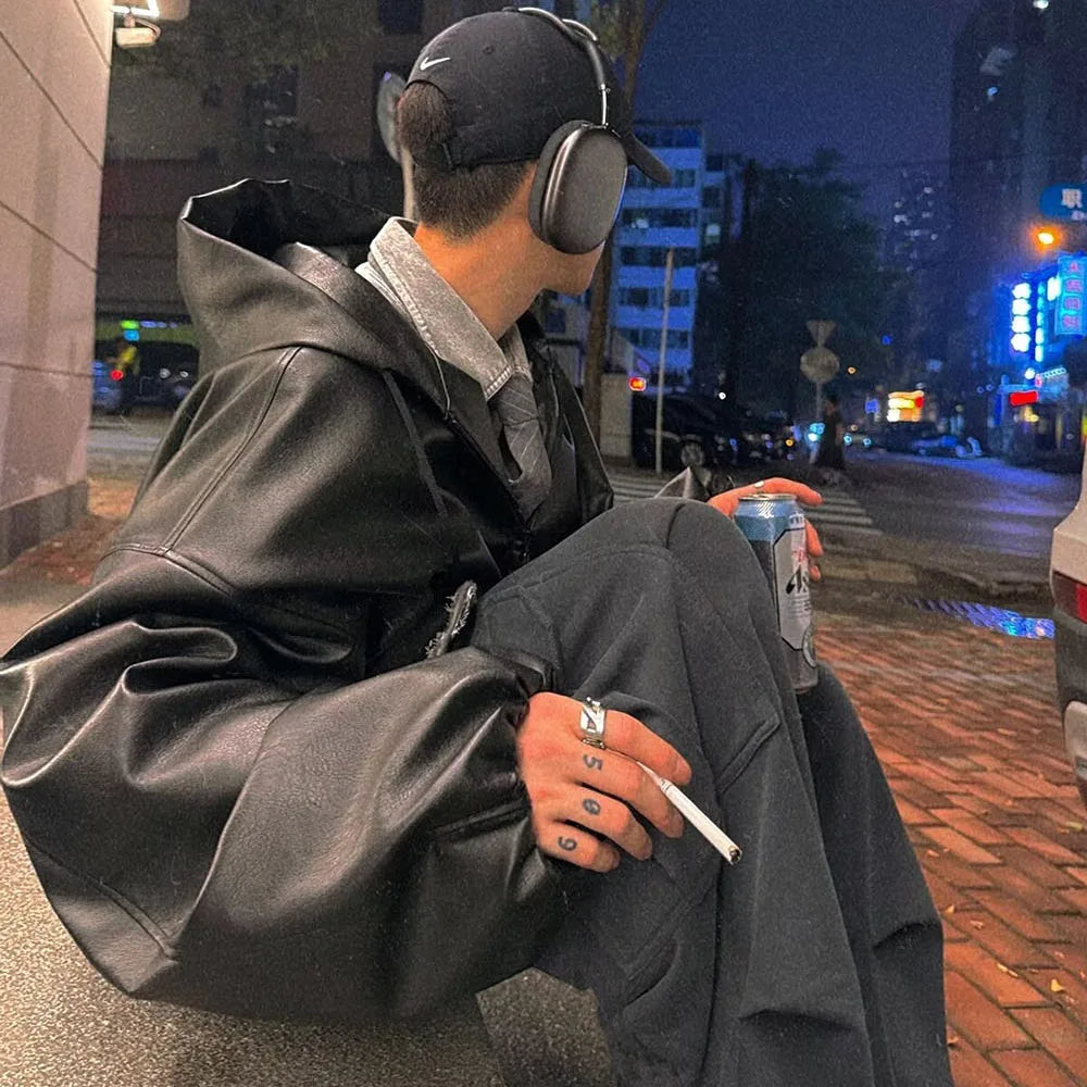 VANISH_06 ☰ Black PU Hooded Windbreaker