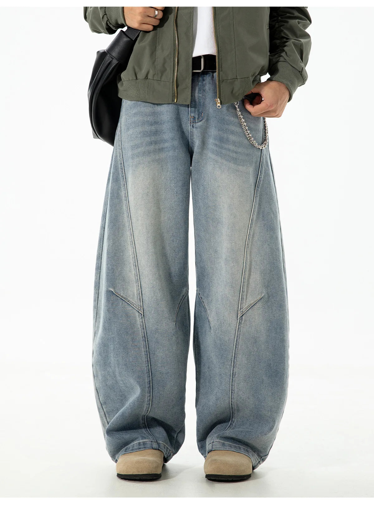 VOIDWEAR VDR_VANISH_SPLIT ☰ curved split distressed jeans, light wash, loose streetwear silhouette, coded glyph tab