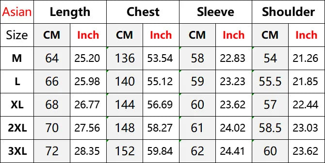 Table displaying clothing measurements for Asian sizes in centimeters and inches.