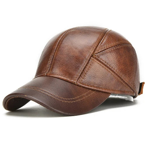 VOIDWEAR SIGNAL_VANISH_07 real cowhide leather earflap cap with adjustable visor, designed as ritual-inspired streetwear for urban shadow gear. Brown leather cap on a white background