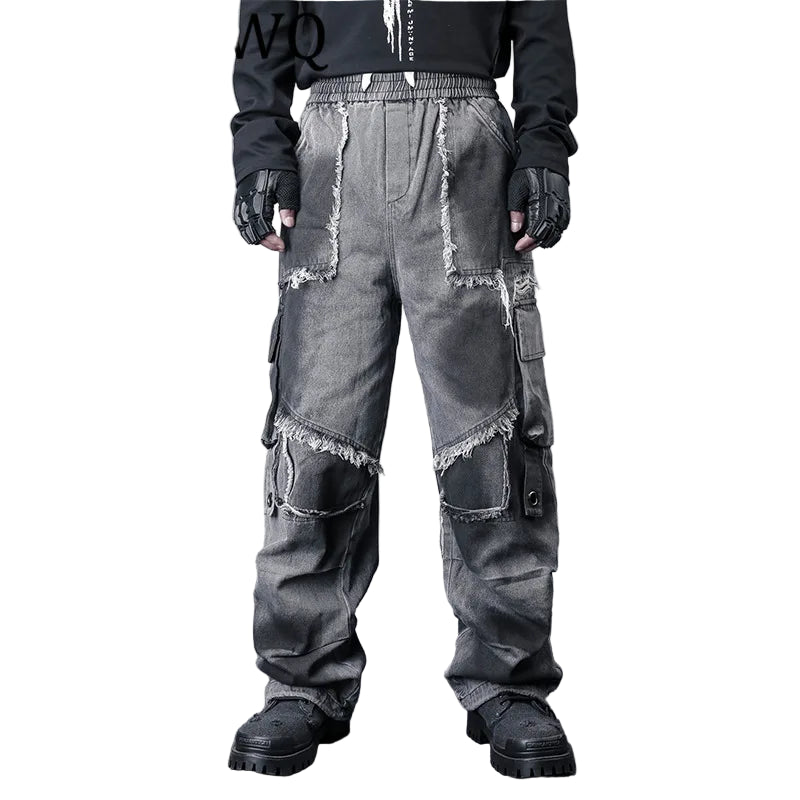 VOIDWEAR SIGNAL_THREAD_07 ☰ wide-leg denim jeans styled in Los Angeles street set, tie-dye pattern visible along heavy seam stitching
