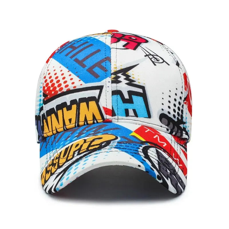 VOIDWEAR SIGNAL_VANISH_09 cotton graffiti baseball cap with adjustable strap, designed for four-season urban streetwear in the U.S. and EU. Colorful cap with graphic designs on a white background